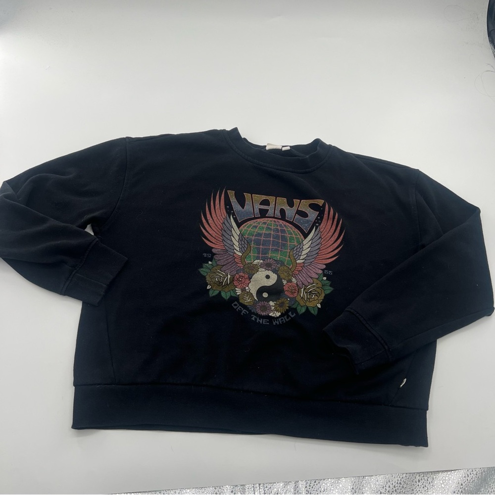 Vans Crewneck Black Pullover Women’s Disco Ball Ying Yang Wings Logo